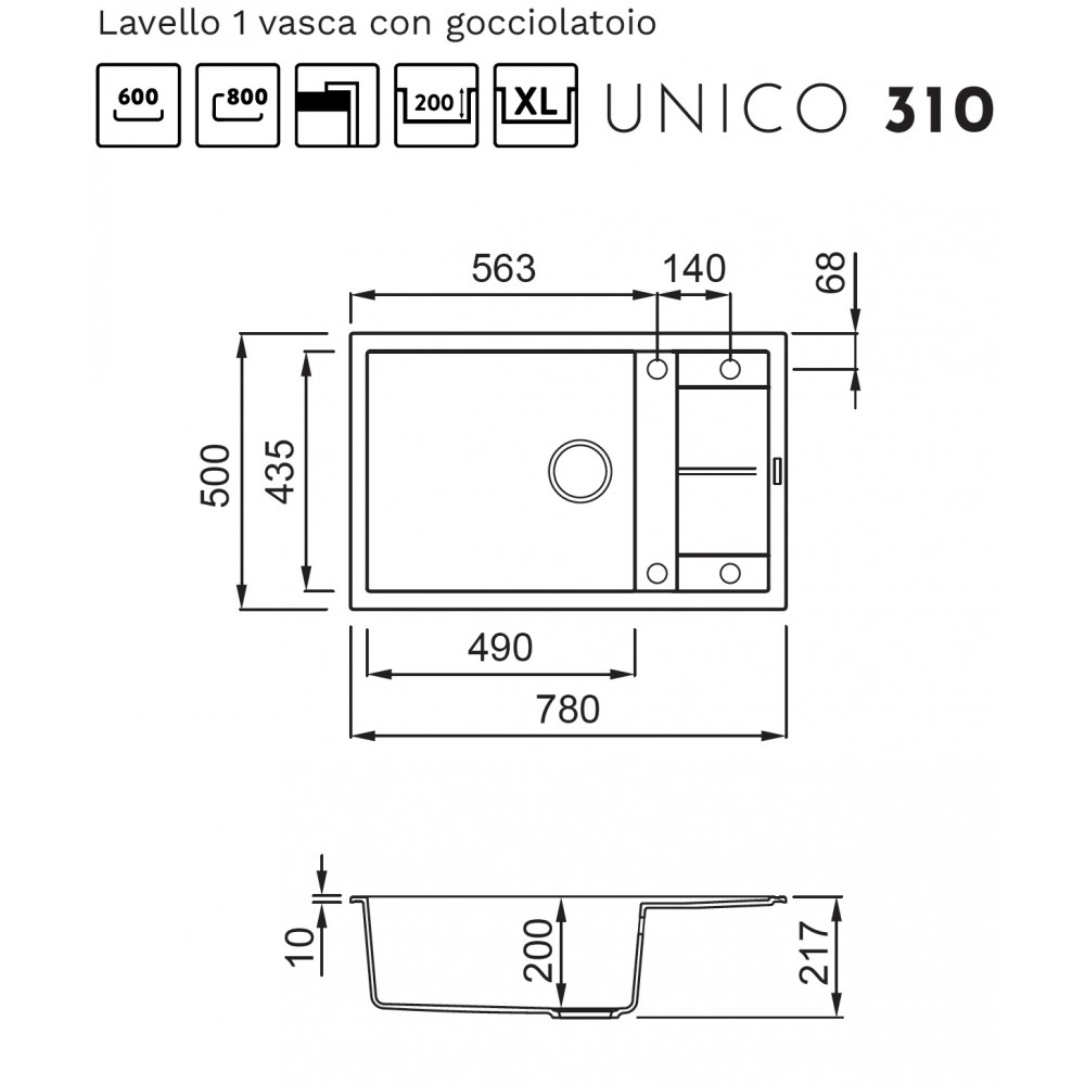 Disegno tecnico di un lavello con gocciolatoio, dimensioni in mm.