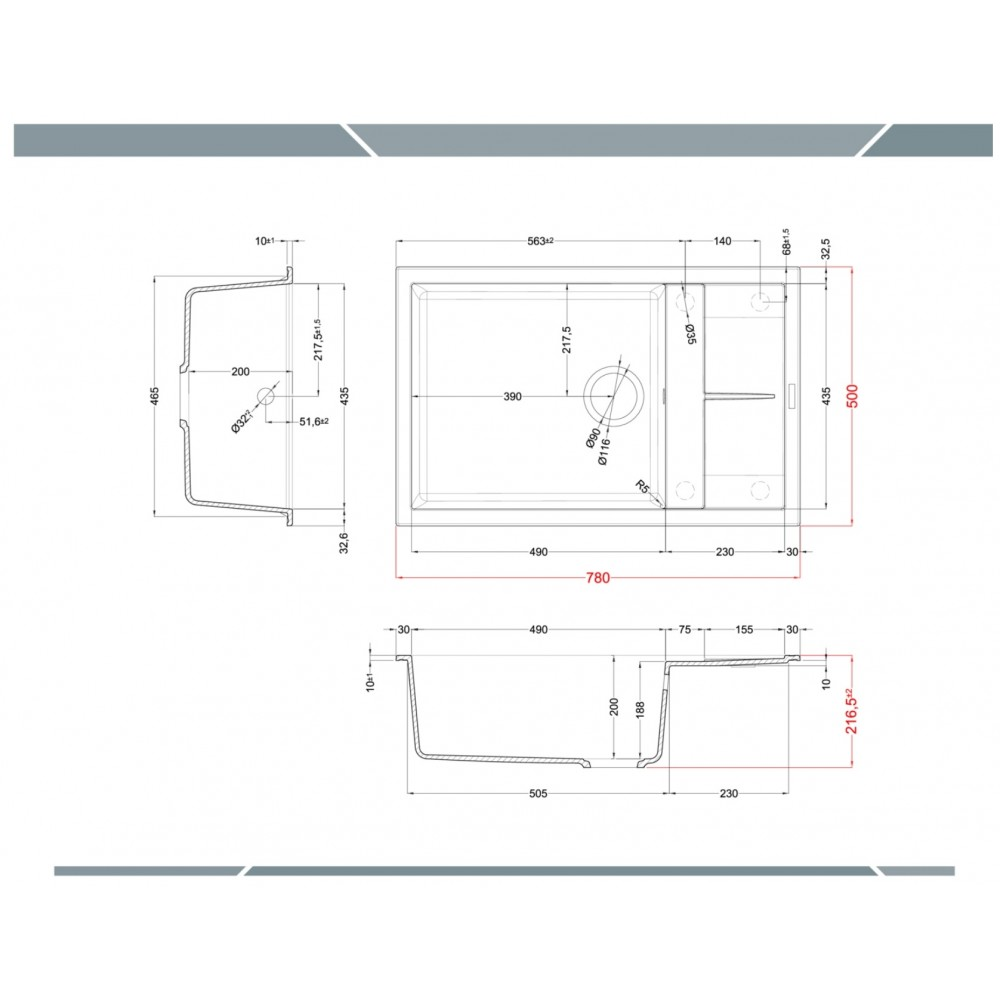 Disegno tecnico di un lavello con dimensioni e viste.