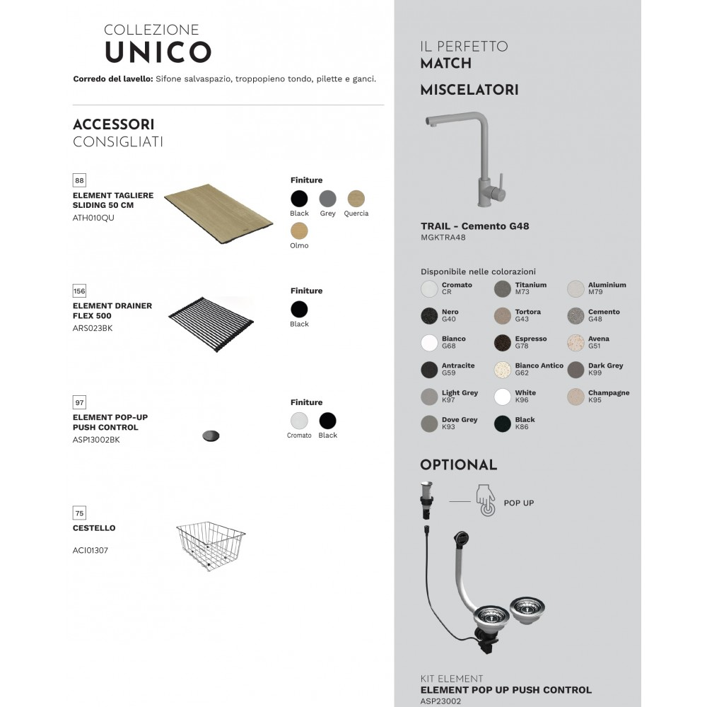 Catalogo prodotti con accessori per lavello cucina e rubinetteria in varie finiture.