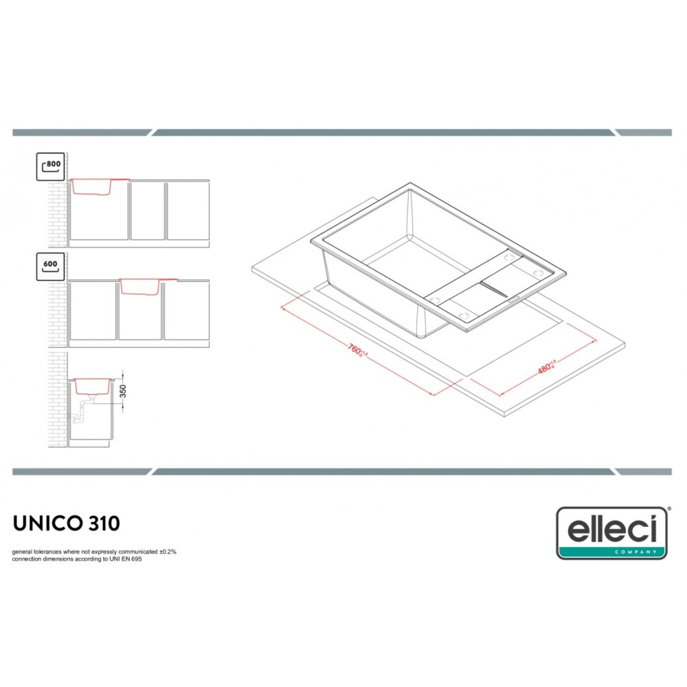Disegno tecnico di un lavello con dimensioni e viste di installazione.