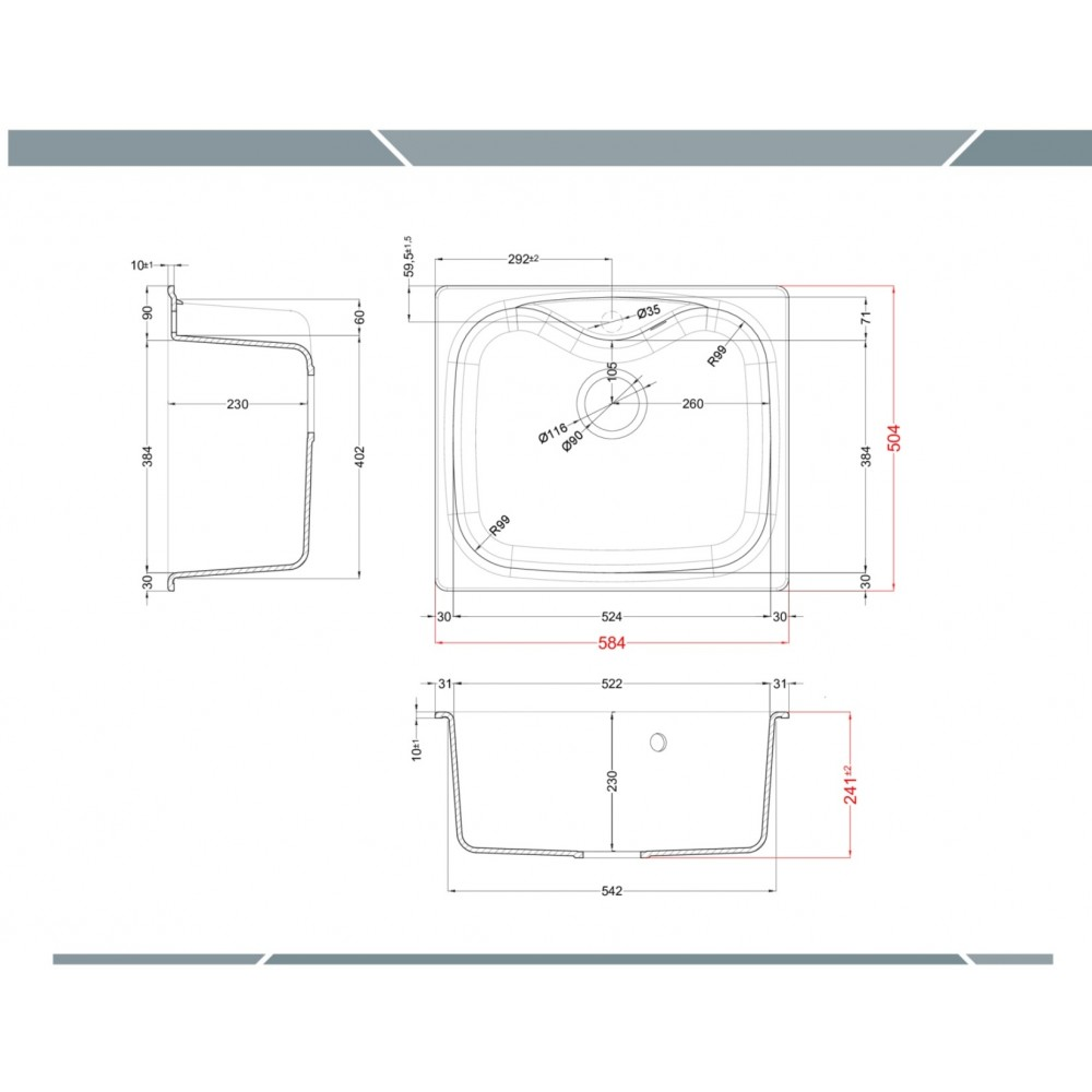Disegni tecnici di un lavello con dimensioni in mm. Include viste dall'alto, laterale e frontale.