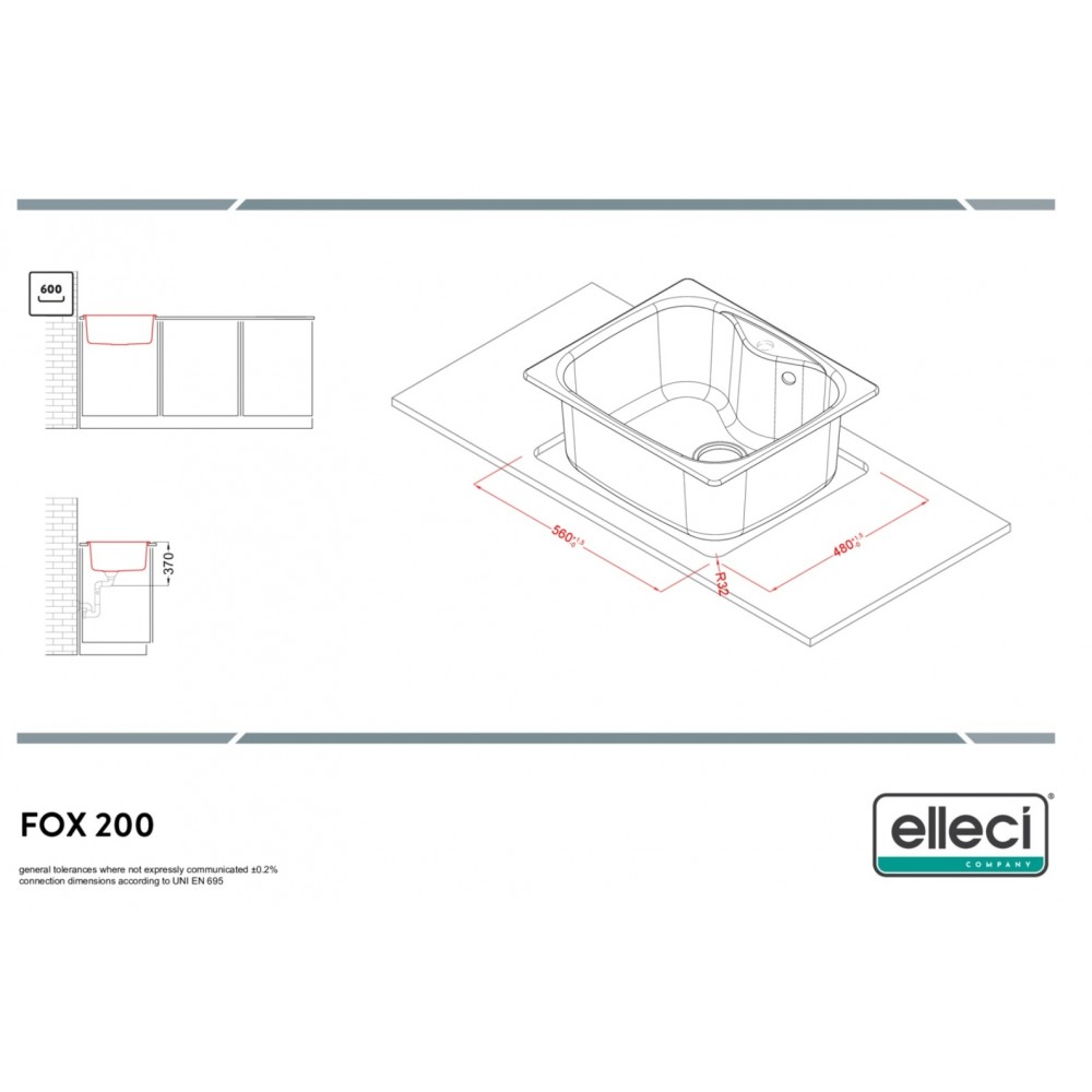 Disegno tecnico di un lavello con dimensioni. Include viste frontali e laterali.