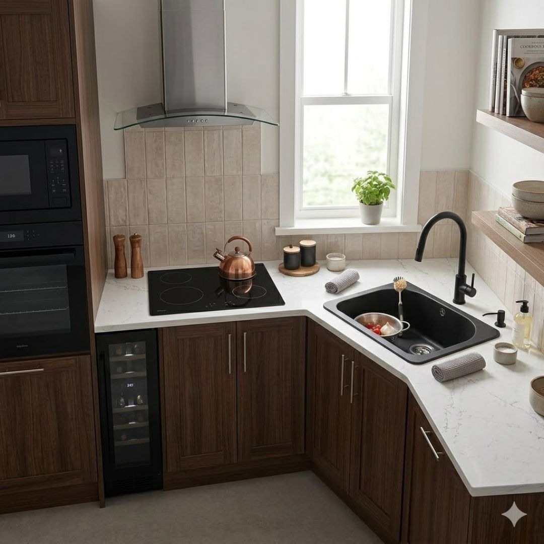 Moderna cucina ad angolo con mobili in legno scuro, lavello nero, piano cottura e forno.