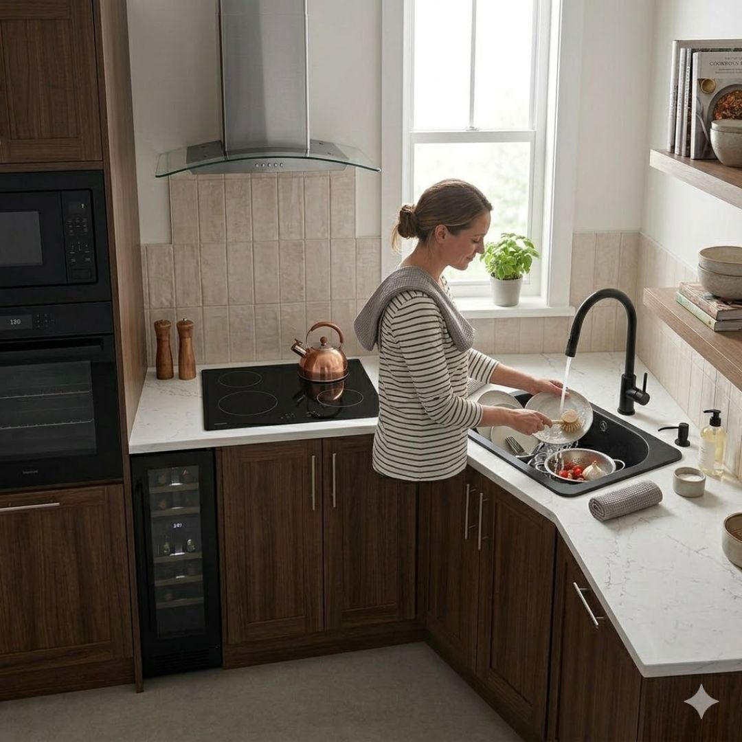 Donna lava i piatti in un lavello di cucina moderno con mobili in legno scuro.