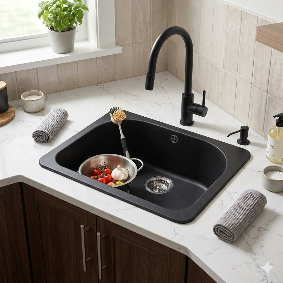 Un lavello nero con scolapasta di pomodori e aglio. Un rubinetto e un dispenser di sapone.