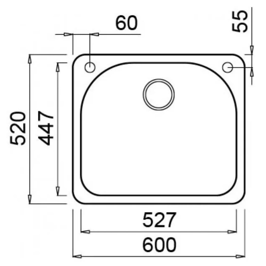 Vista dall'alto di un lavello con dimensioni. Totale 600x527mm. Vasca interna 447x?