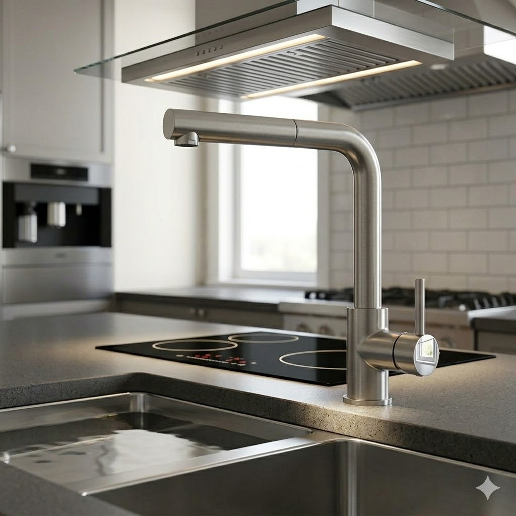 Cucina moderna con rubinetto, lavello, piano cottura a induzione e cappa in acciaio inox.