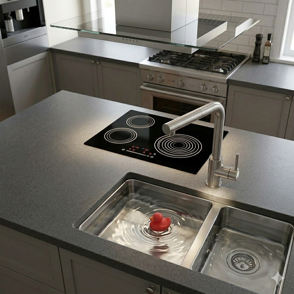 Una cucina moderna con un lavello e una paperella di gomma rossa che galleggia.