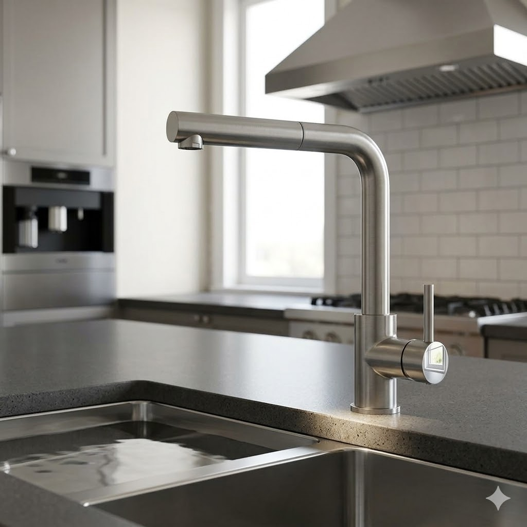 Rubinetto da cucina moderno in metallo su lavello, con elettrodomestici e finestra sullo sfondo.
