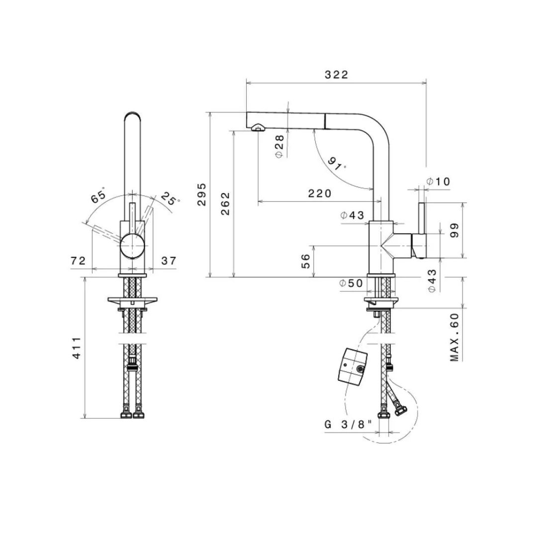 Disegno tecnico di un rubinetto con dimensioni e angoli.