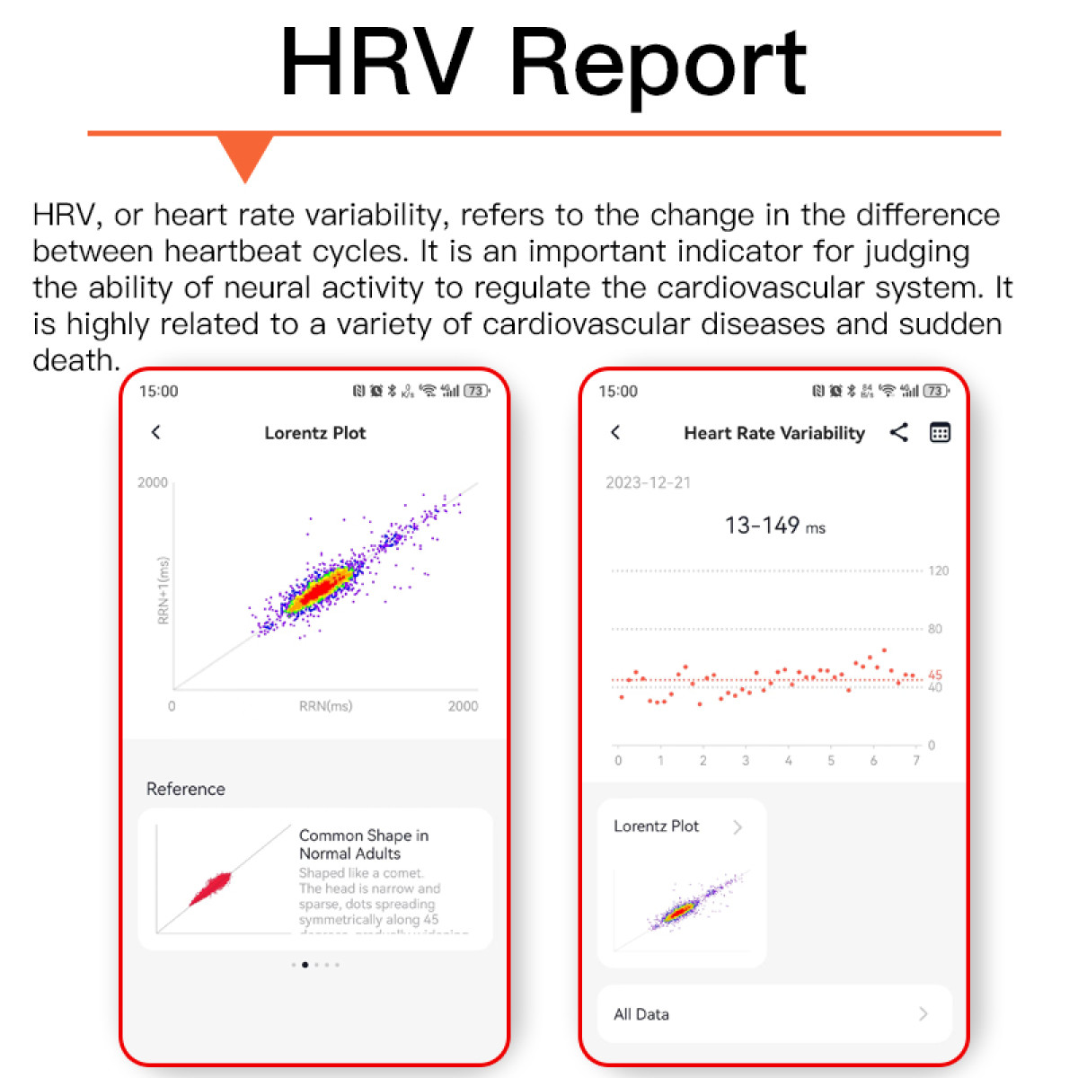 Report HRV con grafico di Lorentz e grafico di variabilità della frequenza cardiaca.