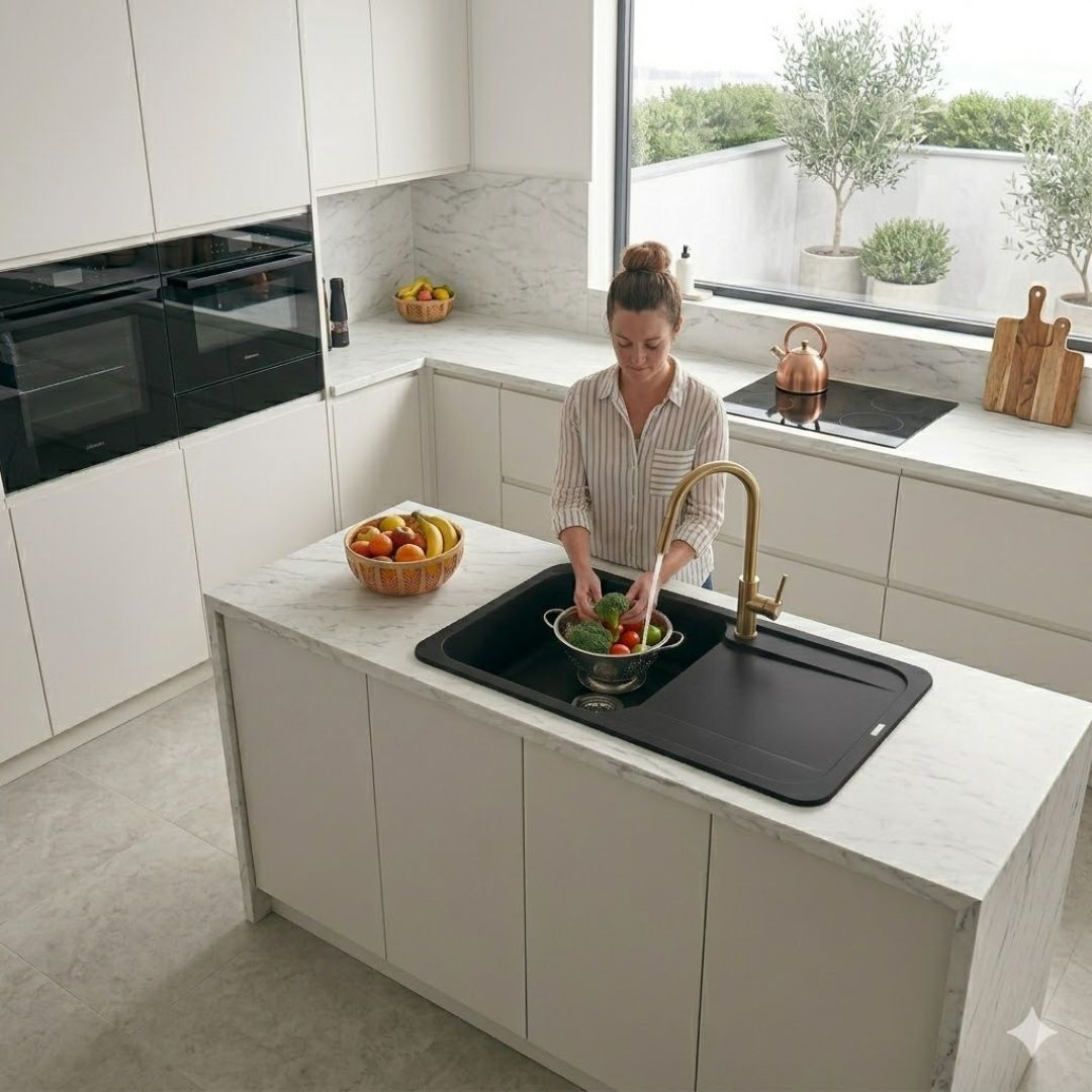 Donna lava verdure in una cucina moderna con piani di lavoro in marmo e vista esterna.