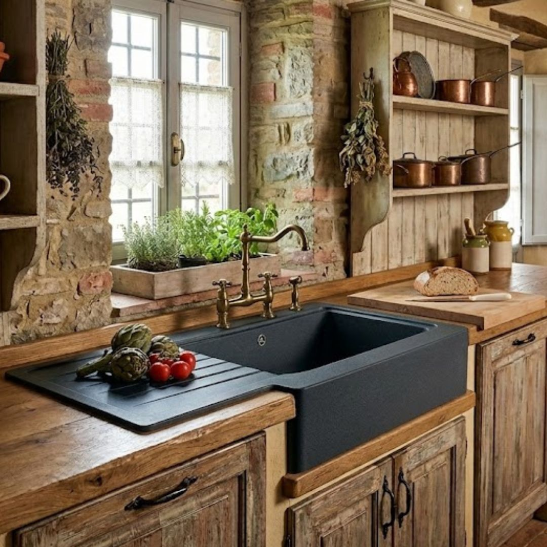 Cucina rustica con lavello scuro, mobili in legno, erbe e pentole in rame.