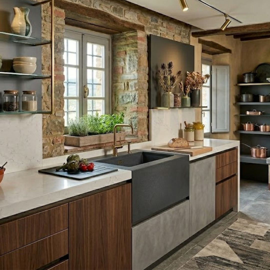Cucina rustica con parete in pietra, lavello grande e mobili in legno.