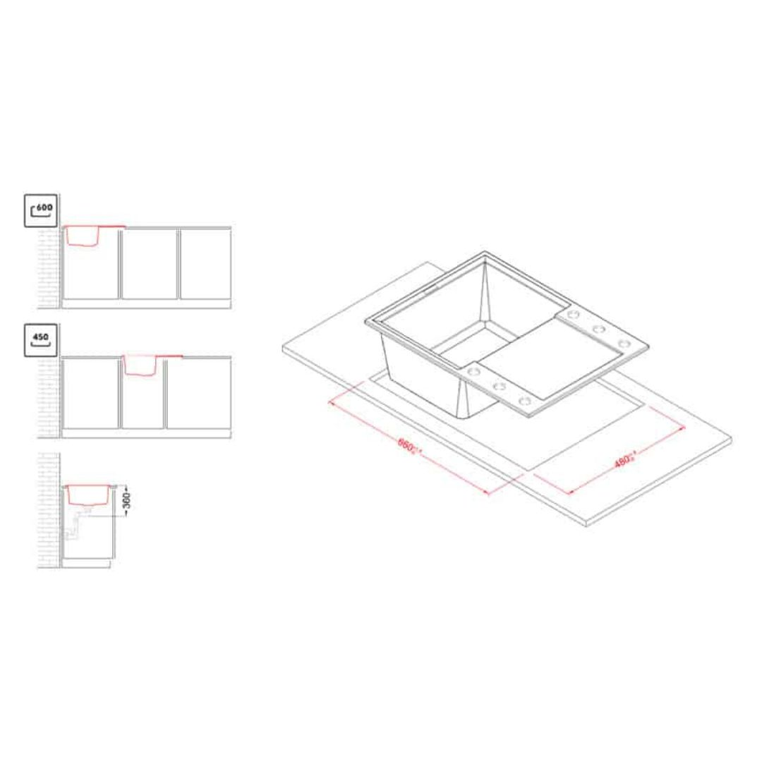 Disegno tecnico di un lavello con dimensioni, installato su un piano di lavoro.
