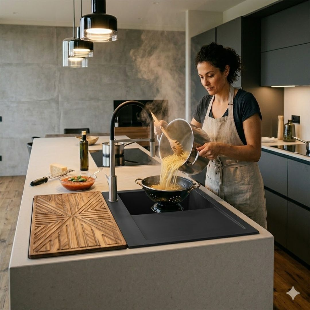Una donna versa la pasta da una pentola in uno scolapasta in una cucina moderna.