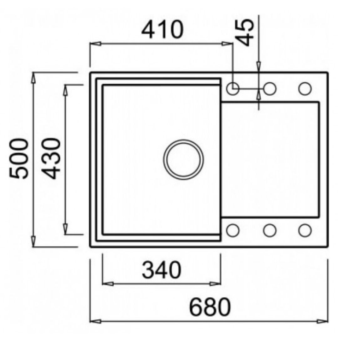 Disegno tecnico di un lavello con dimensioni: 680x500mm, vasca principale 430x340mm.