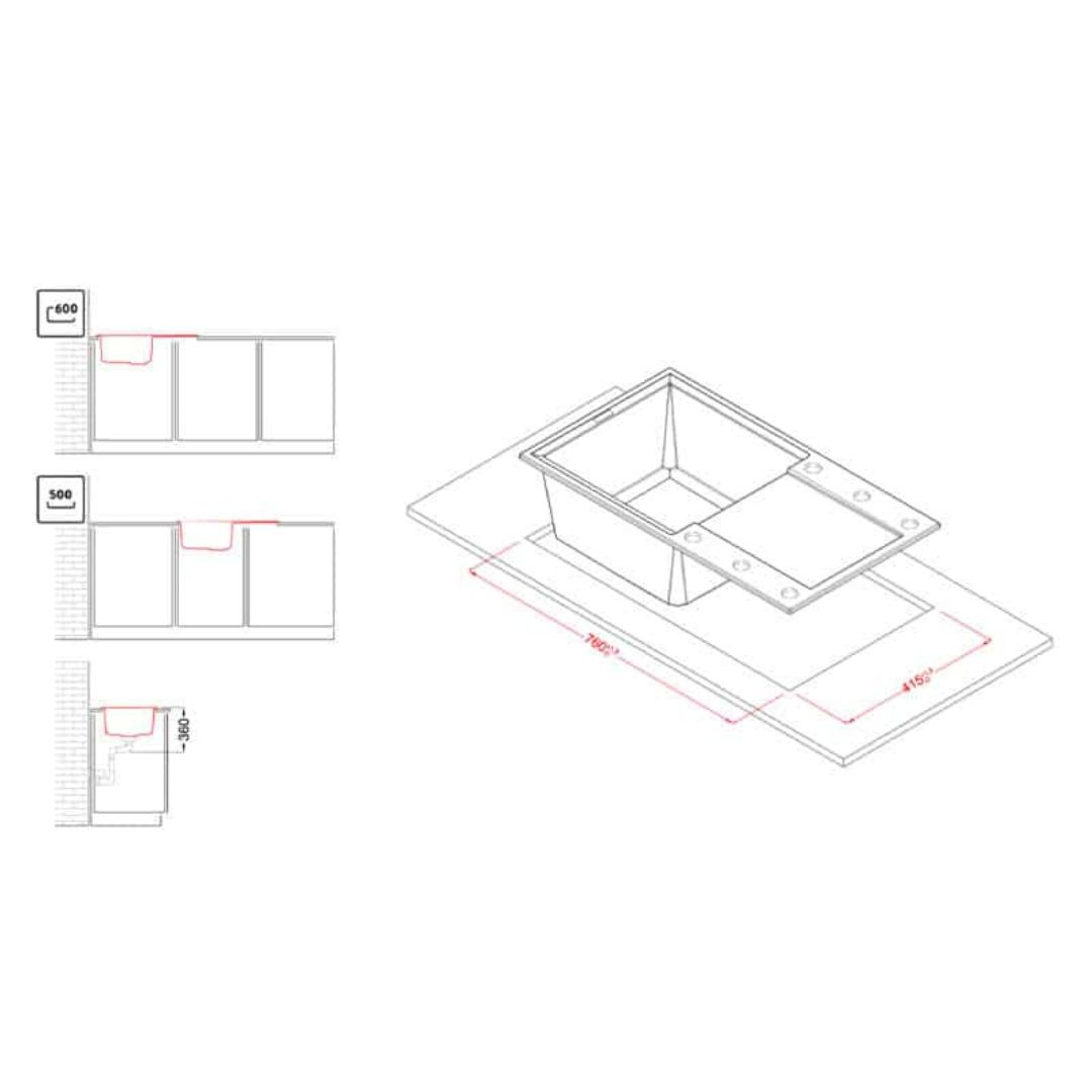 Disegno tecnico di un lavello con dimensioni. Viste dall'alto e di lato a sinistra.