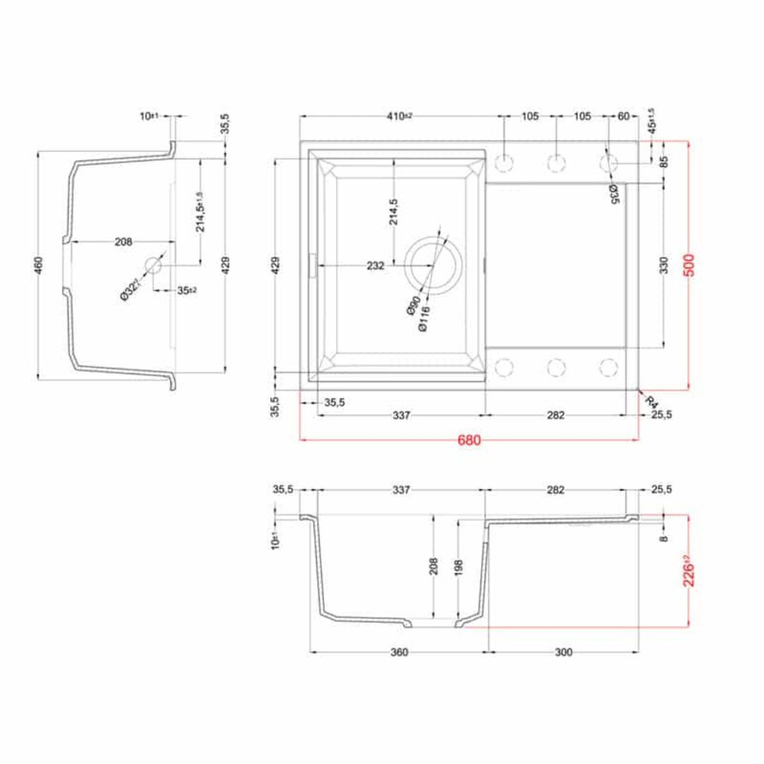 Disegno tecnico di un lavello con dimensioni e viste.