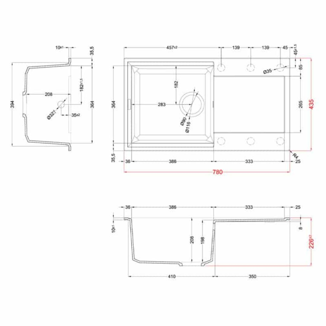 Disegni tecnici di un lavello, con viste dall'alto, laterale e frontale con dimensioni.
