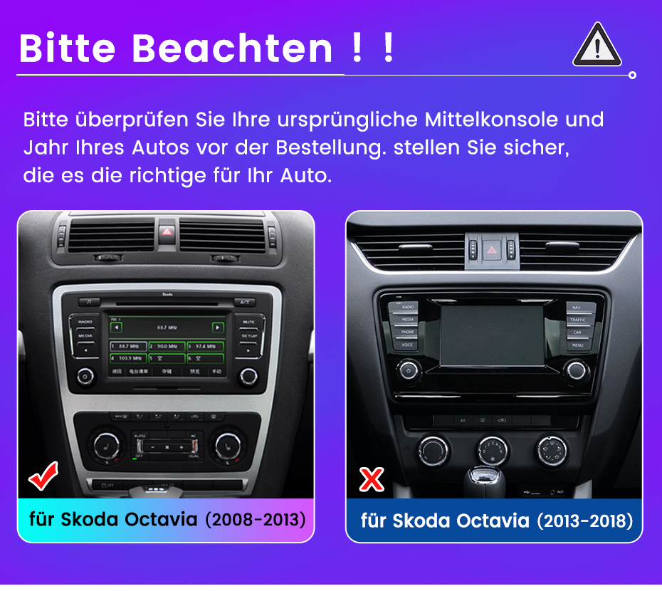 Zwei Skoda Octavia-Armaturenbretter im Vergleich: links 2008-2013, rechts 2013-2018.
