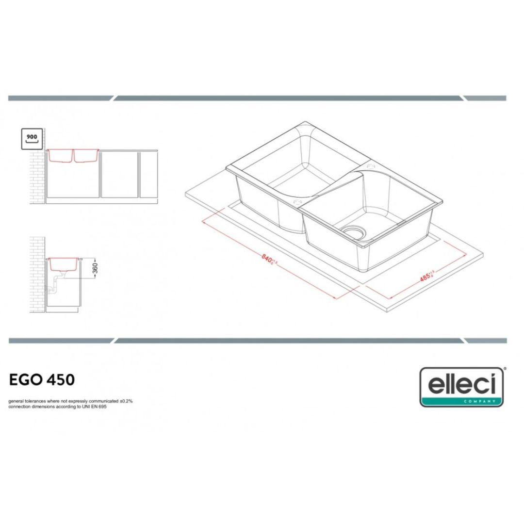 Disegno tecnico di un lavello doppio con dimensioni 840x485mm. Mostra viste dall'alto e laterali.
