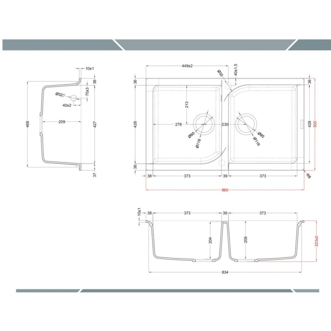 Disegno tecnico di un lavello doppio con dimensioni e viste.