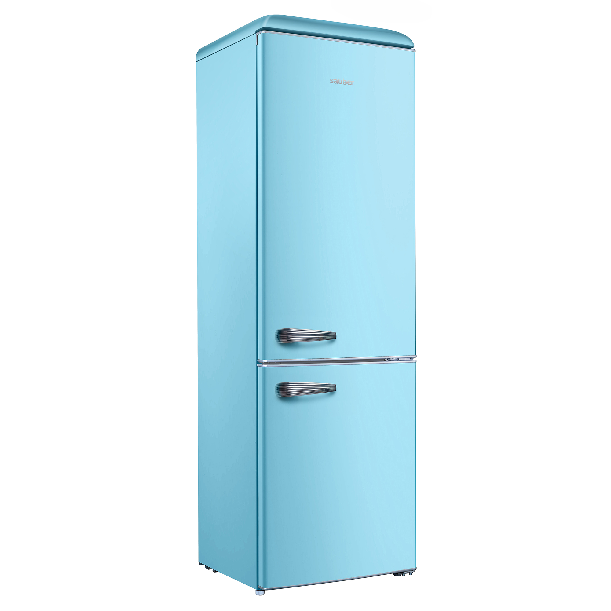 Un refrigerador azul claro estilo retro con asas plateadas.