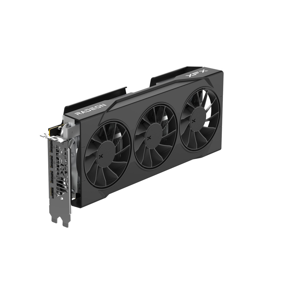 Czarna karta graficzna z trzema wentylatorami i napisem Radeon.