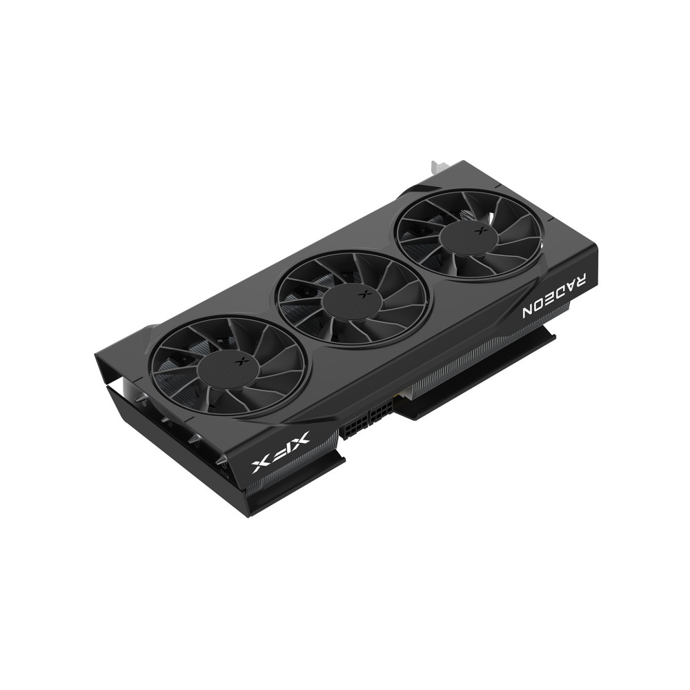 Czarna karta graficzna z trzema wentylatorami i logo Radeon.