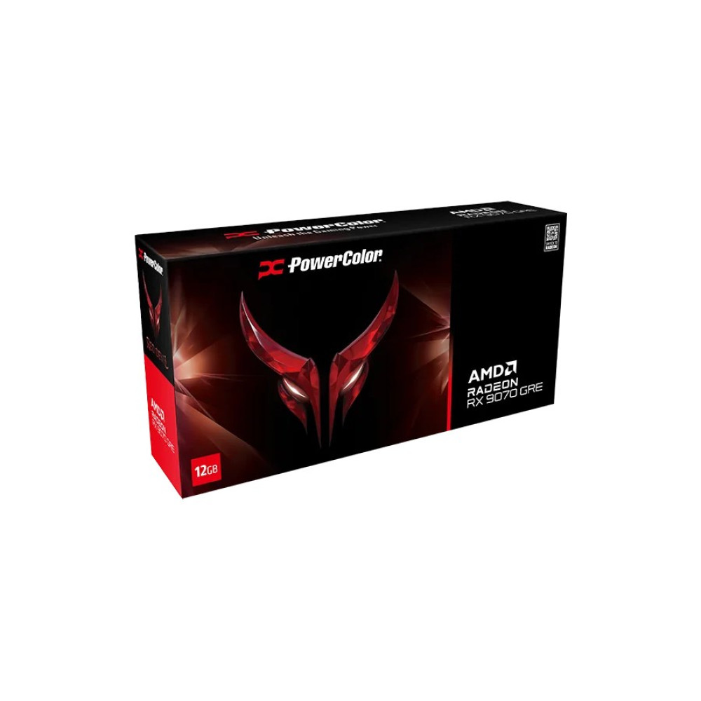 Pudełko karty graficznej PowerColor AMD Radeon RX 9070 GRE z czerwonymi akcentami.