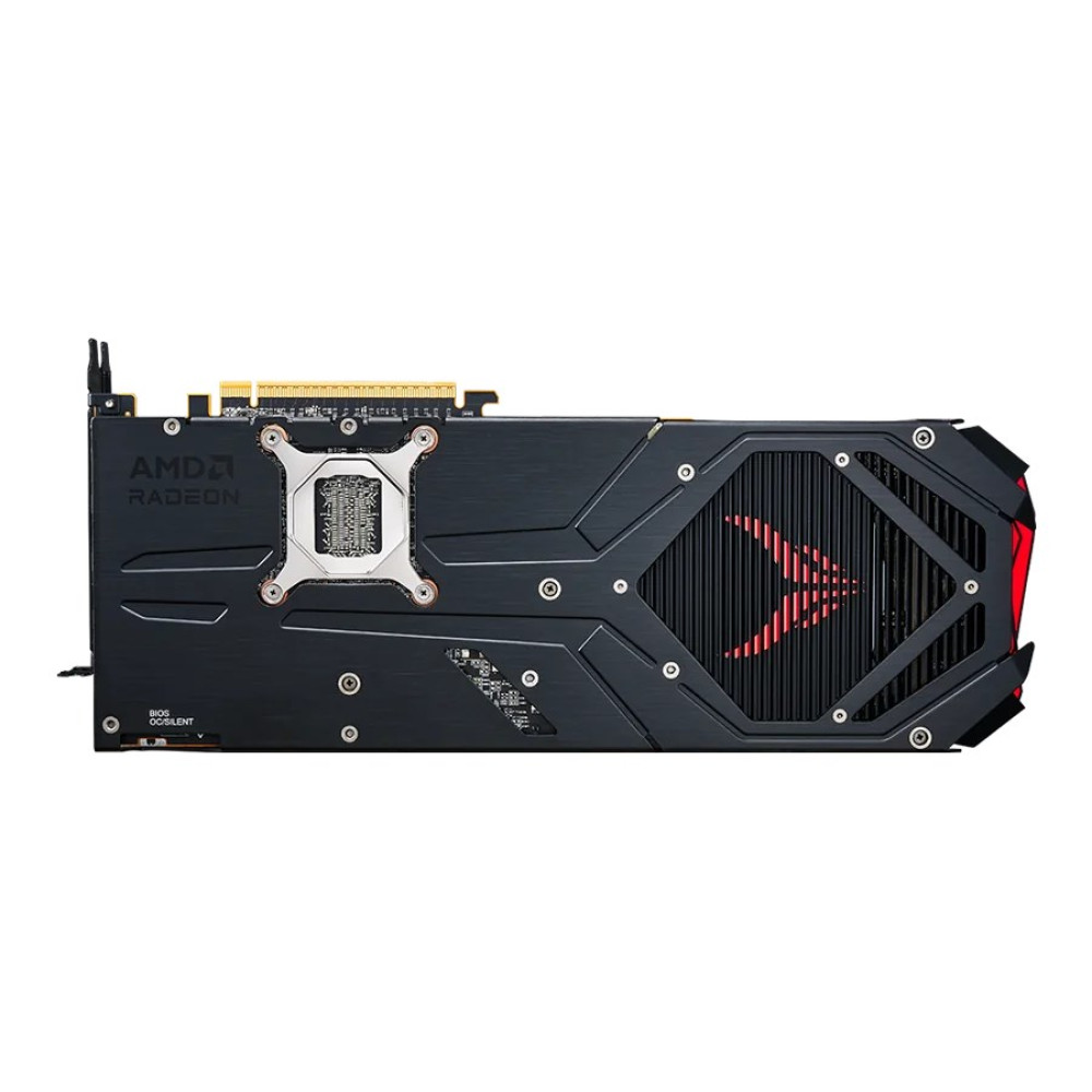 Czarna karta graficzna AMD Radeon z czerwonymi akcentami i widocznymi elementami chłodzenia.