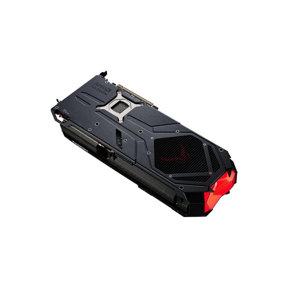 Czarna karta graficzna z logo AMD Radeon i czerwonymi światłami.