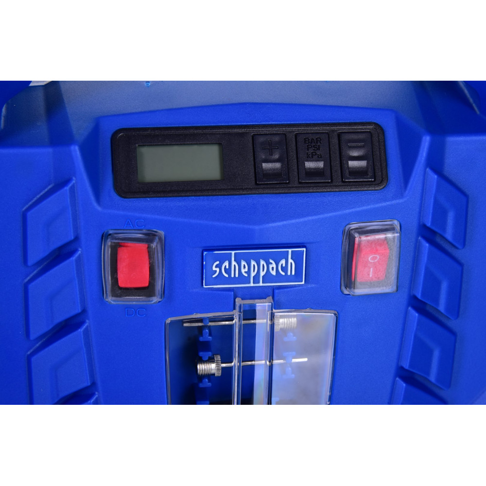 Compressore blu con display, pulsanti e nome del marchio Scheppach.
