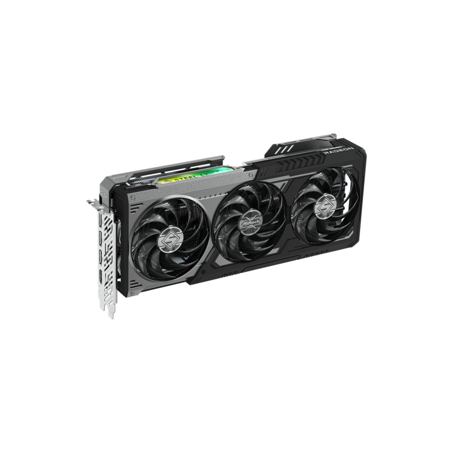 Czarna karta graficzna z trzema wentylatorami i logo Radeon.