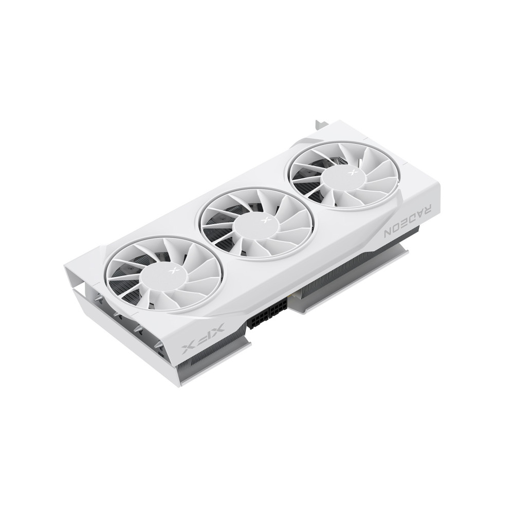 Biała karta graficzna do komputera z trzema wentylatorami i logo Radeon.