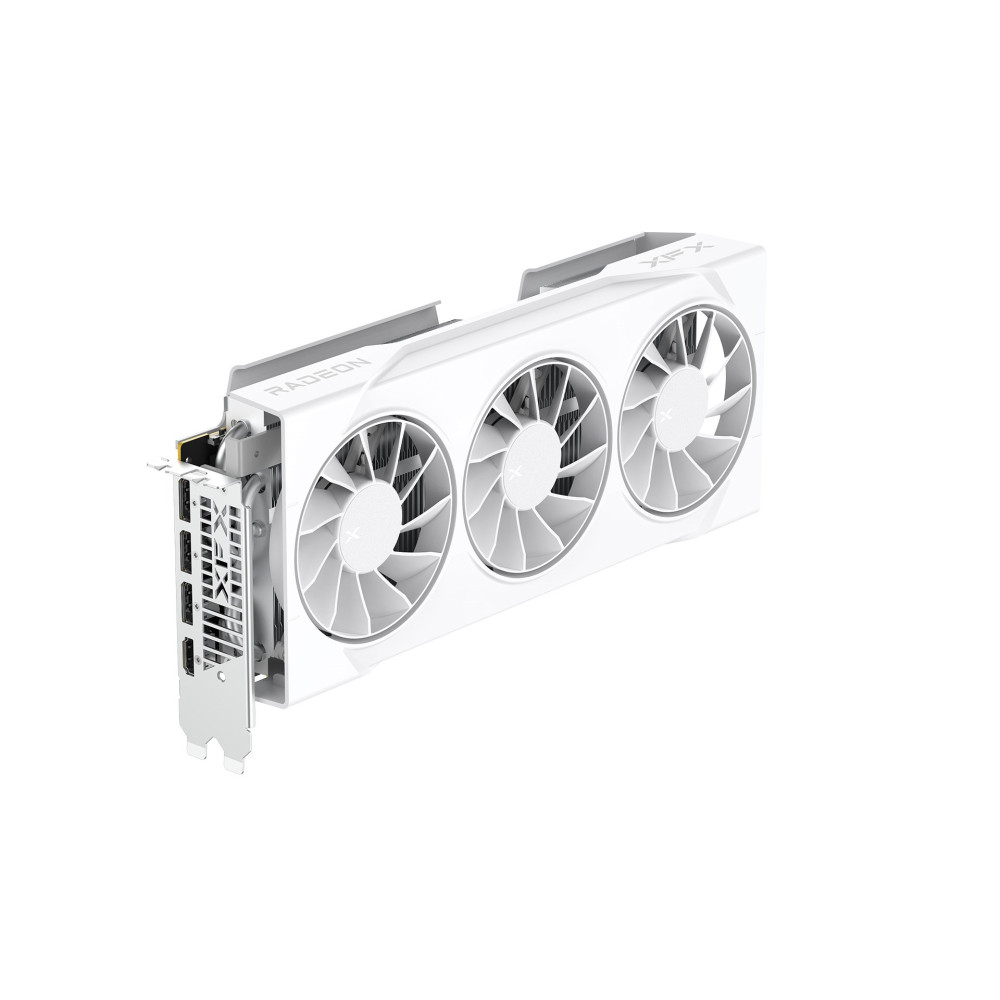 Biała karta graficzna z trzema wentylatorami i oznaczeniem Radeon.