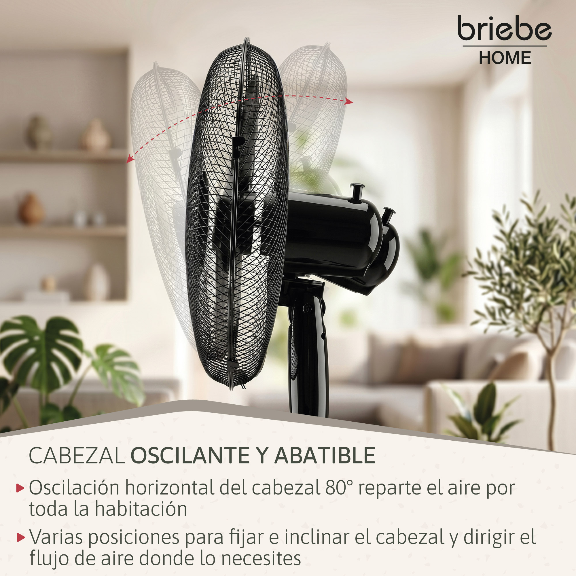 Un ventilador negro con cabeza oscilante en una sala de estar.