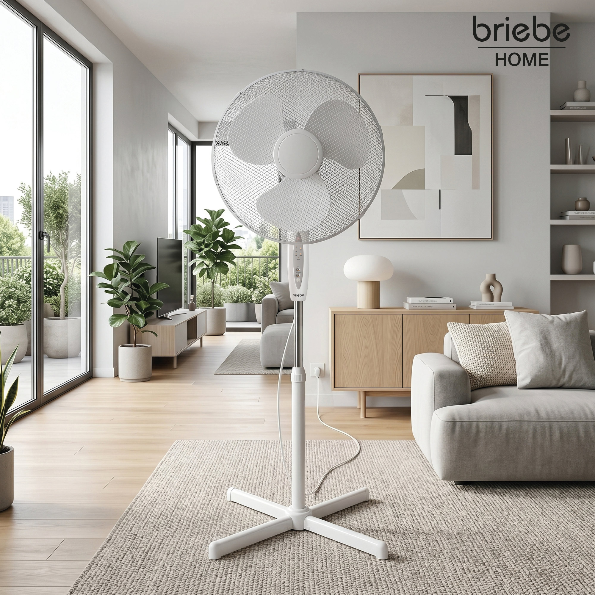 Un ventilador blanco de pedestal se encuentra sobre una alfombra en una sala de estar moderna con grandes ventanales.