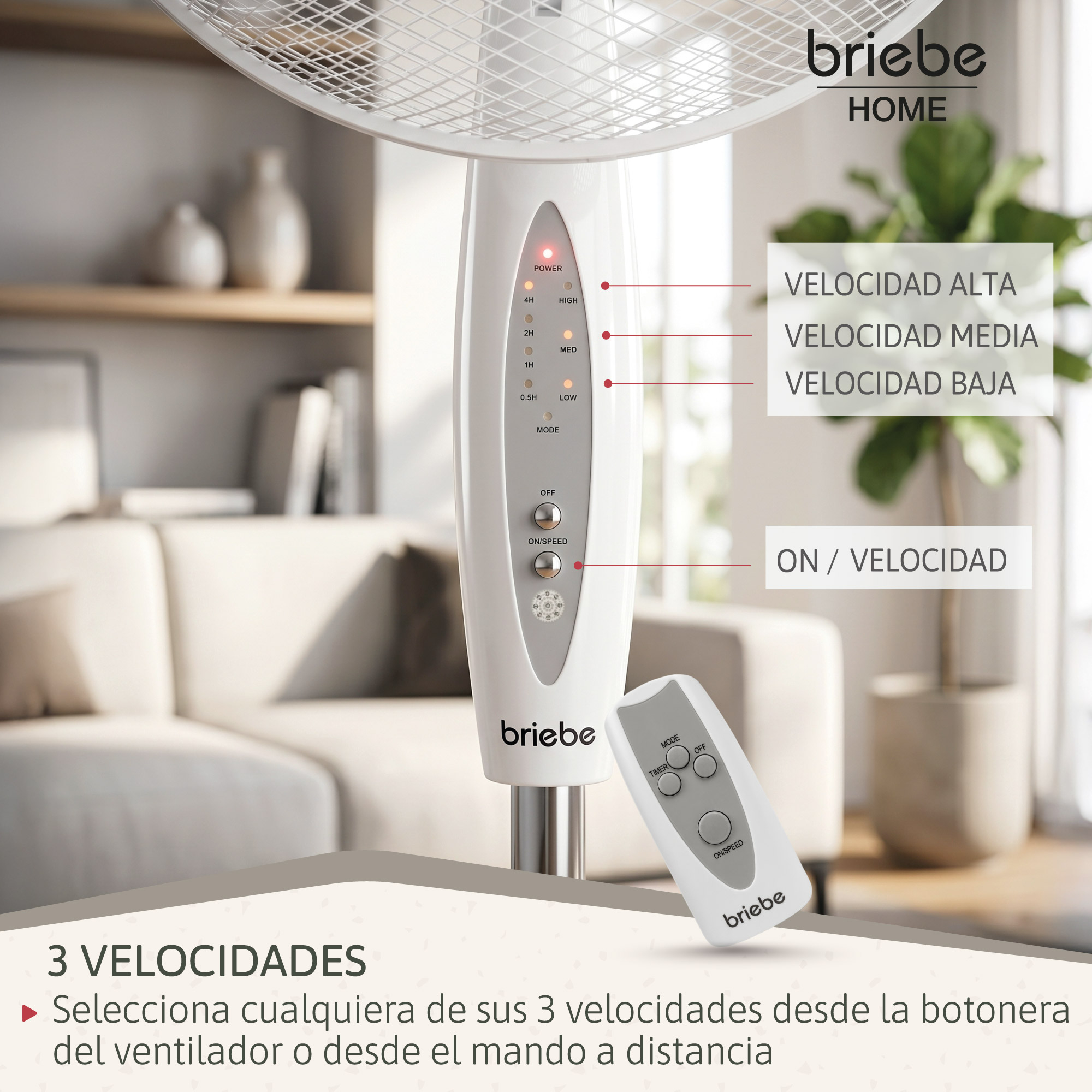 Un ventilador de pie blanco con mando a distancia y panel de control que muestra velocidades.