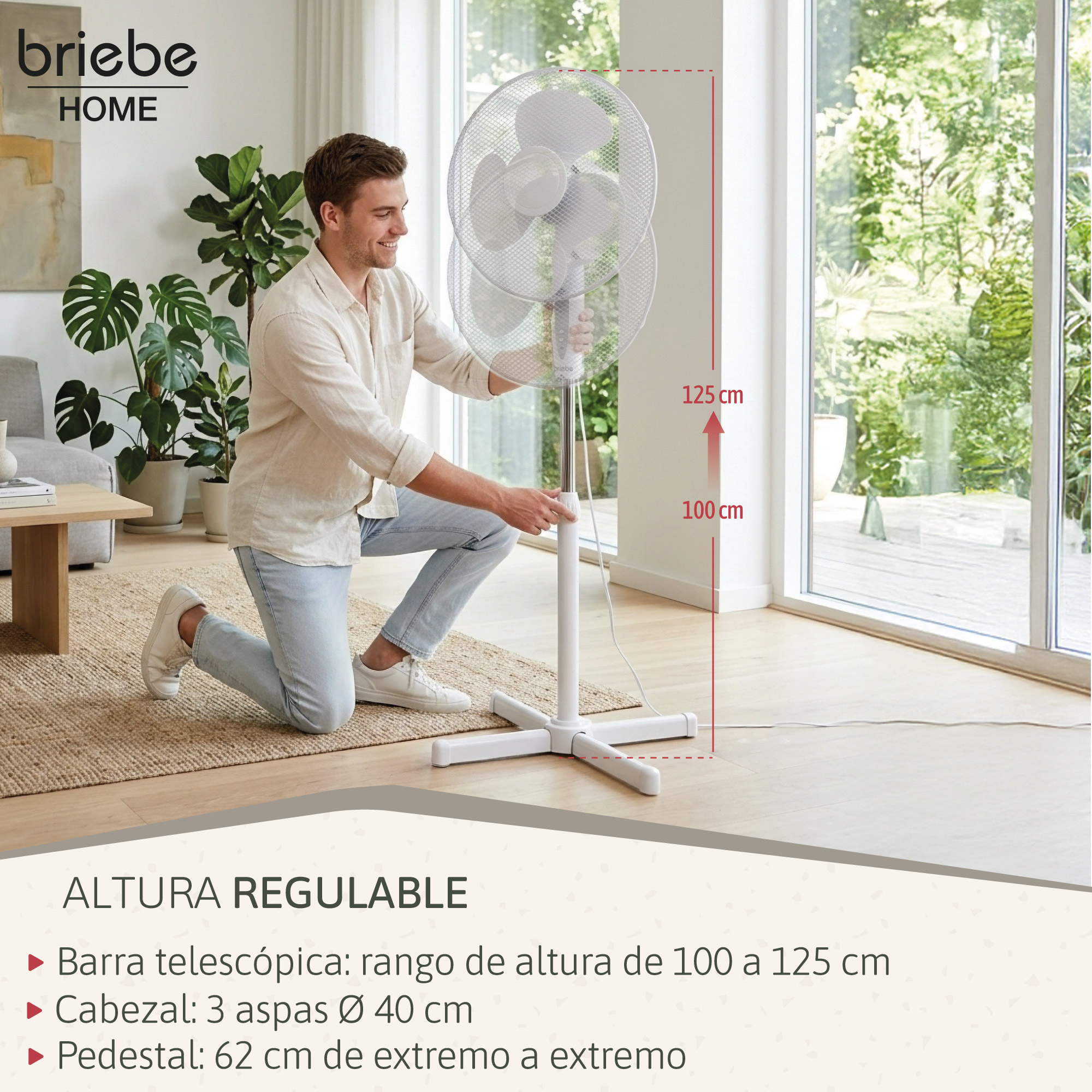 Hombre ajustando un ventilador de pie blanco de 100-125 cm.