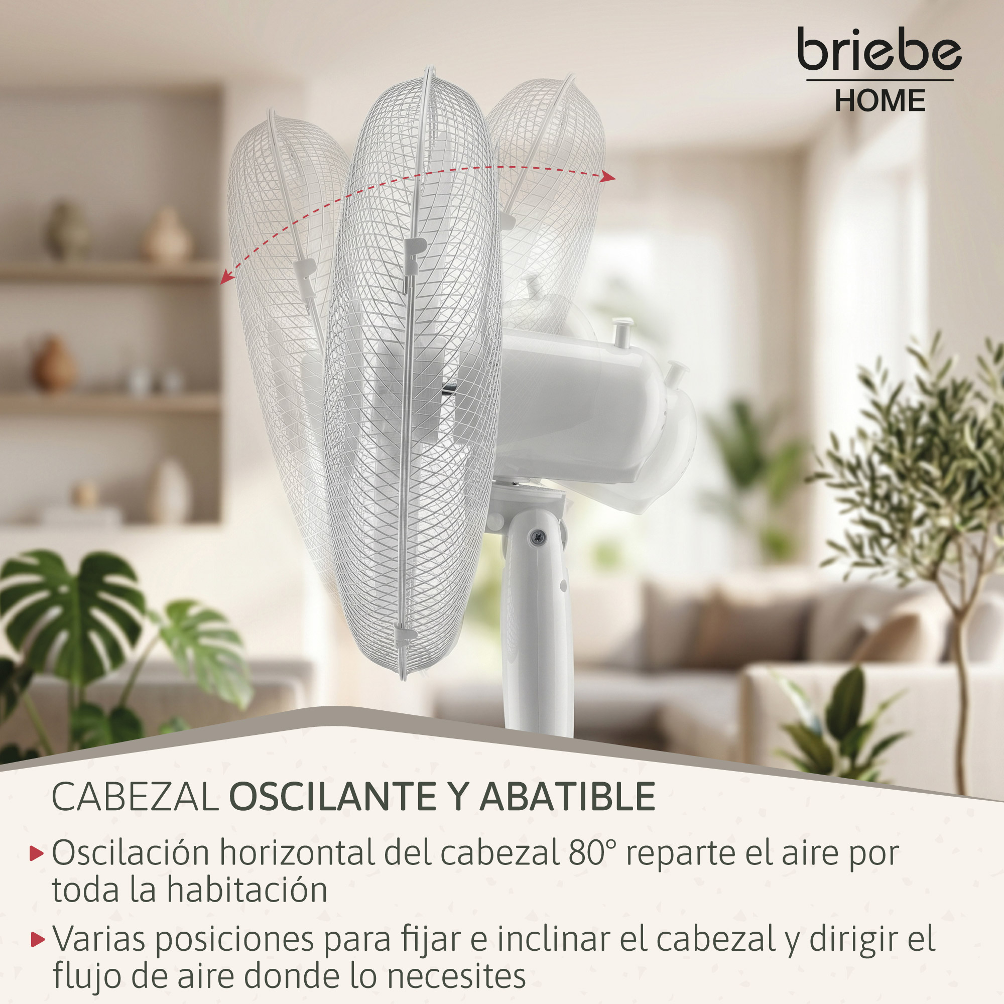 Un ventilador blanco con cabezal oscilante en una sala de estar.