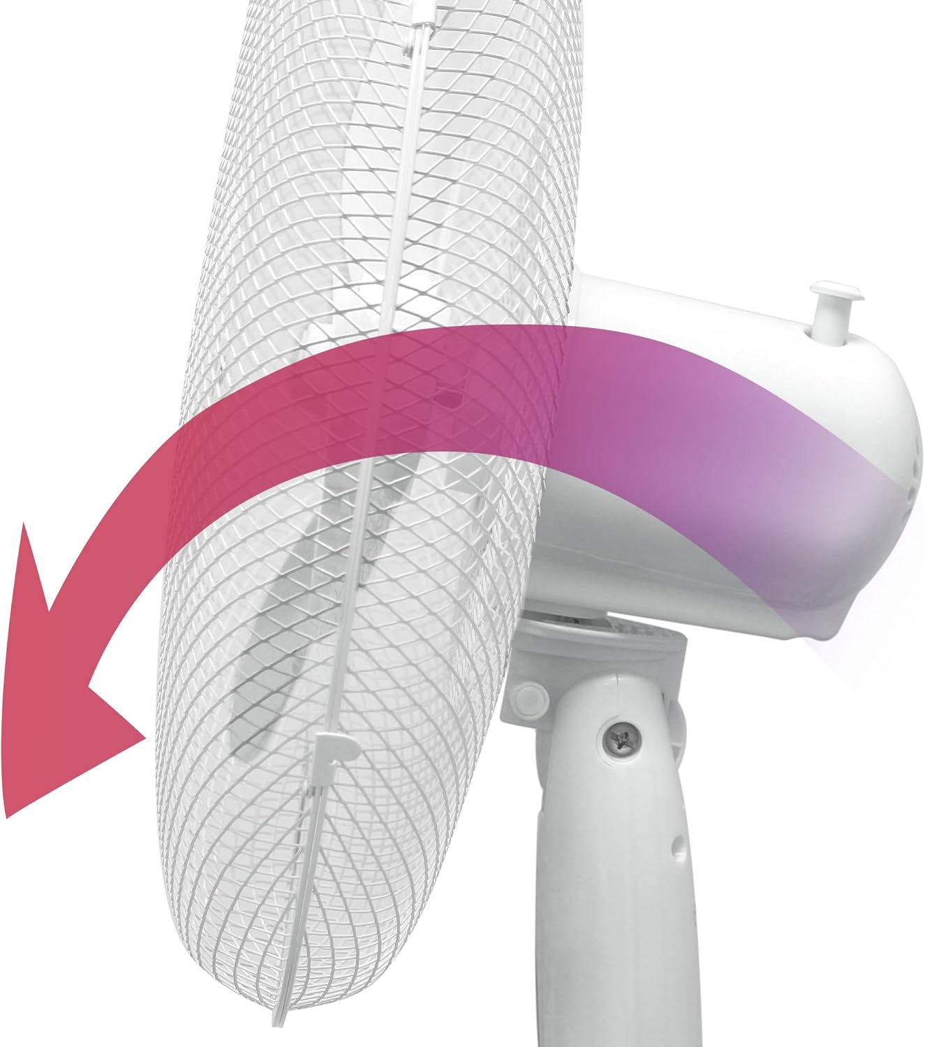 Un ventilador blanco con una flecha roja que indica movimiento giratorio.