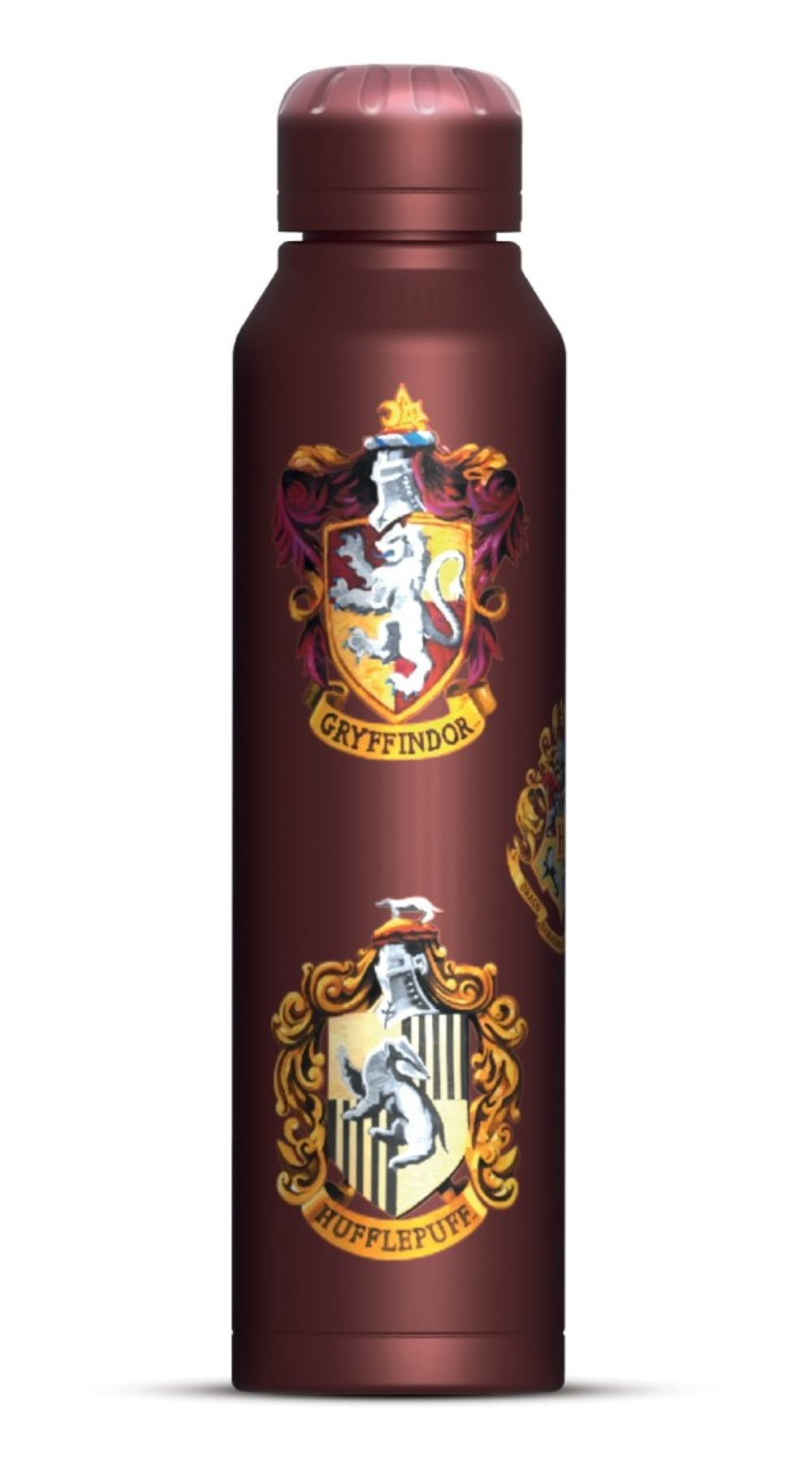 Ciemnoczerwona butelka na wodę z herbami Gryffindoru i Hufflepuff.
