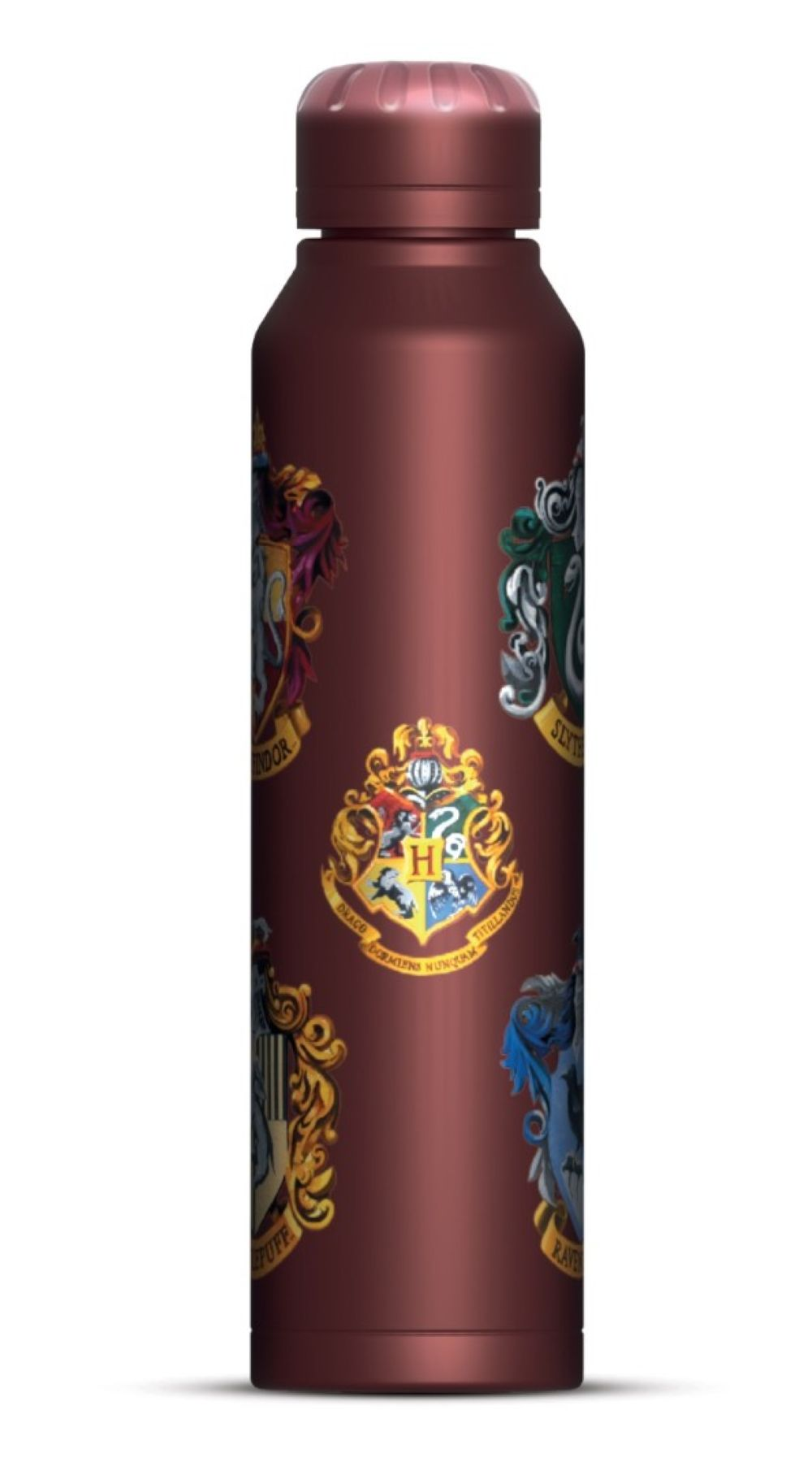 Bordowa butelka z herbem Hogwartu oraz herbami Gryffindoru, Slytherinu, Hufflepuff, Ravenclaw.