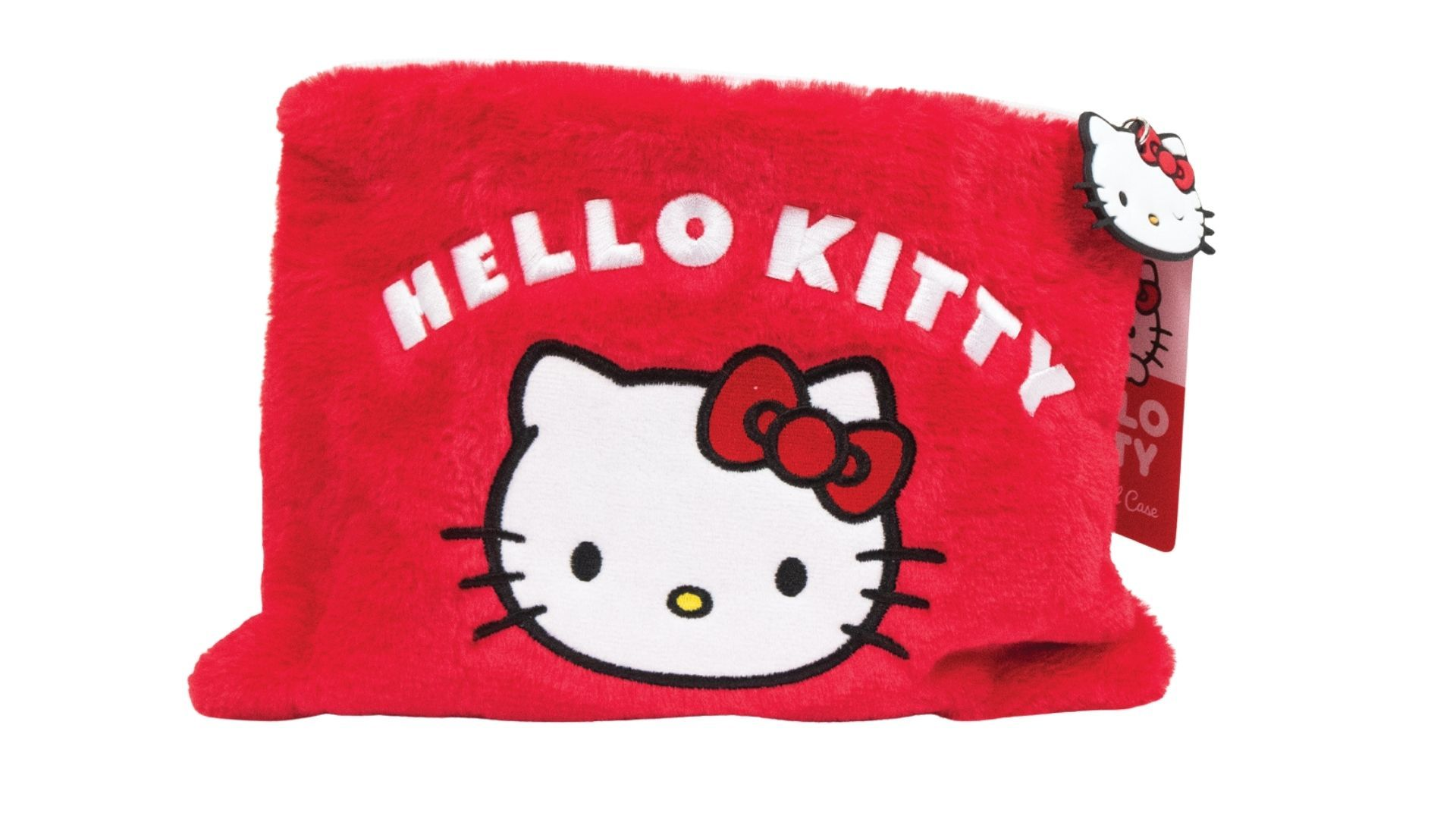 Pluszowa czerwona kosmetyczka Hello Kitty z haftowanym wzorem i metką.
