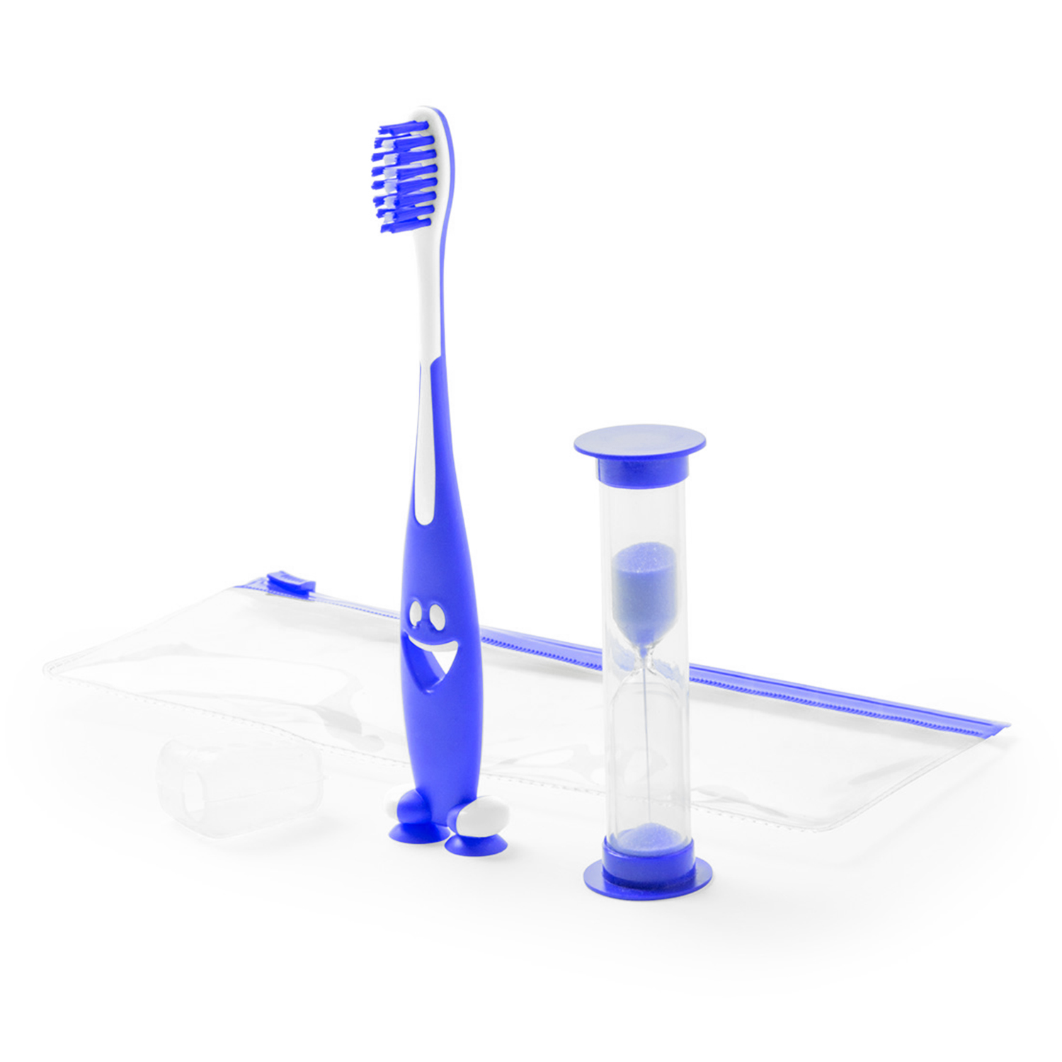 Spazzolino da denti blu per bambini con faccina, clessidra, sacchetto e cappuccio.