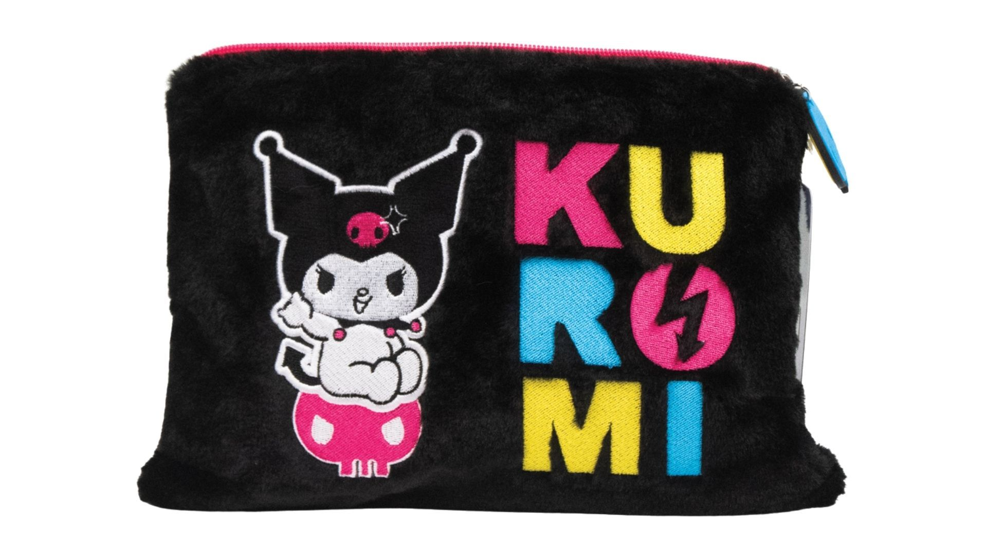 Czarna, futrzana kosmetyczka z postacią Kuromi i kolorowym napisem.