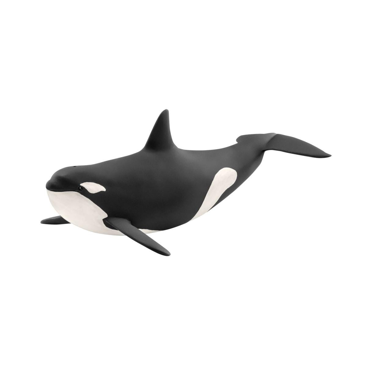 Ein Spielzeug-Orca mit schwarzem Körper, weißen Flecken und Flossen auf weißem Hintergrund.