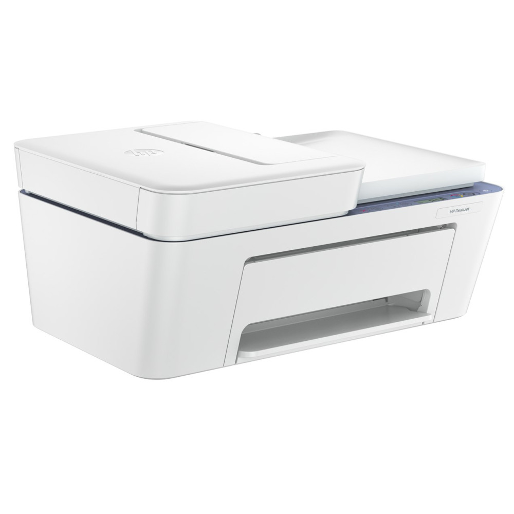 Biała drukarka wielofunkcyjna HP DeskJet ze skanerem na białym tle.